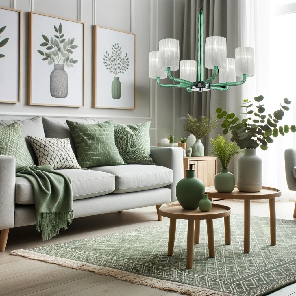 Salotto con molte piante e lampadario di colore verde