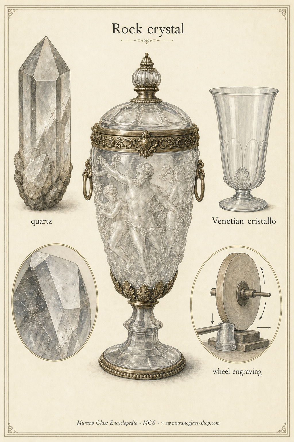 Cuarzo cristal de roca transparente junto a vidrio histórico tallado