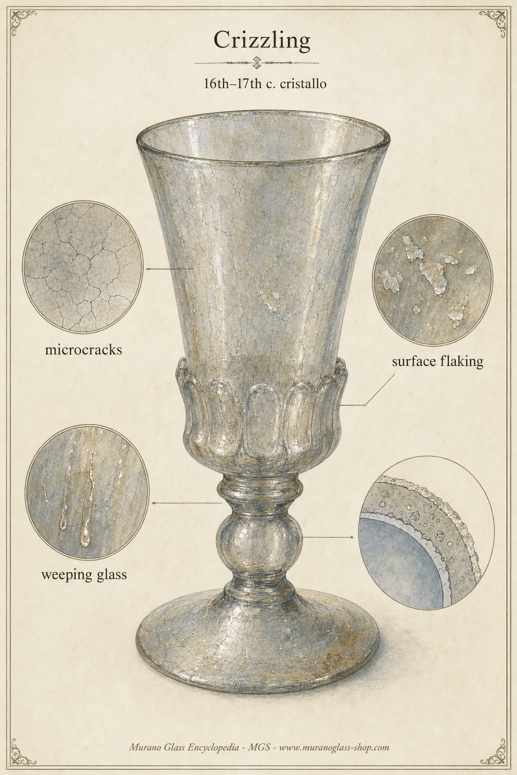 Historical clear glass vessel with fine surface deterioration used to illustrate crizzling