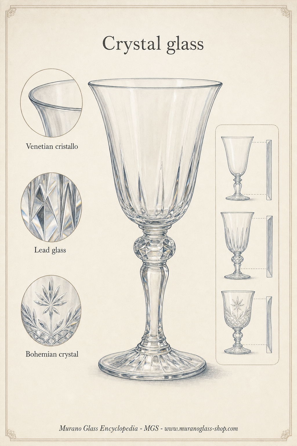 Clear crystal glass goblet with cut facets reflecting light