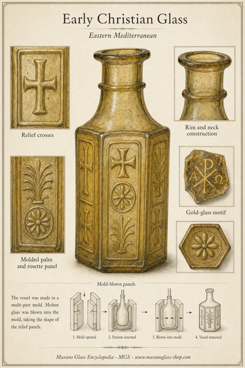 Early Christian glass bottle with relief crosses and vegetal motifs