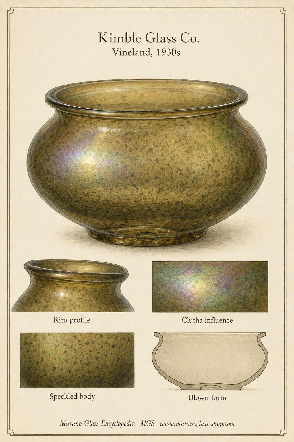 Historic American glass vessels inspired by Clutha and Tiffany effects, contextual image for Kimble Glass Co.