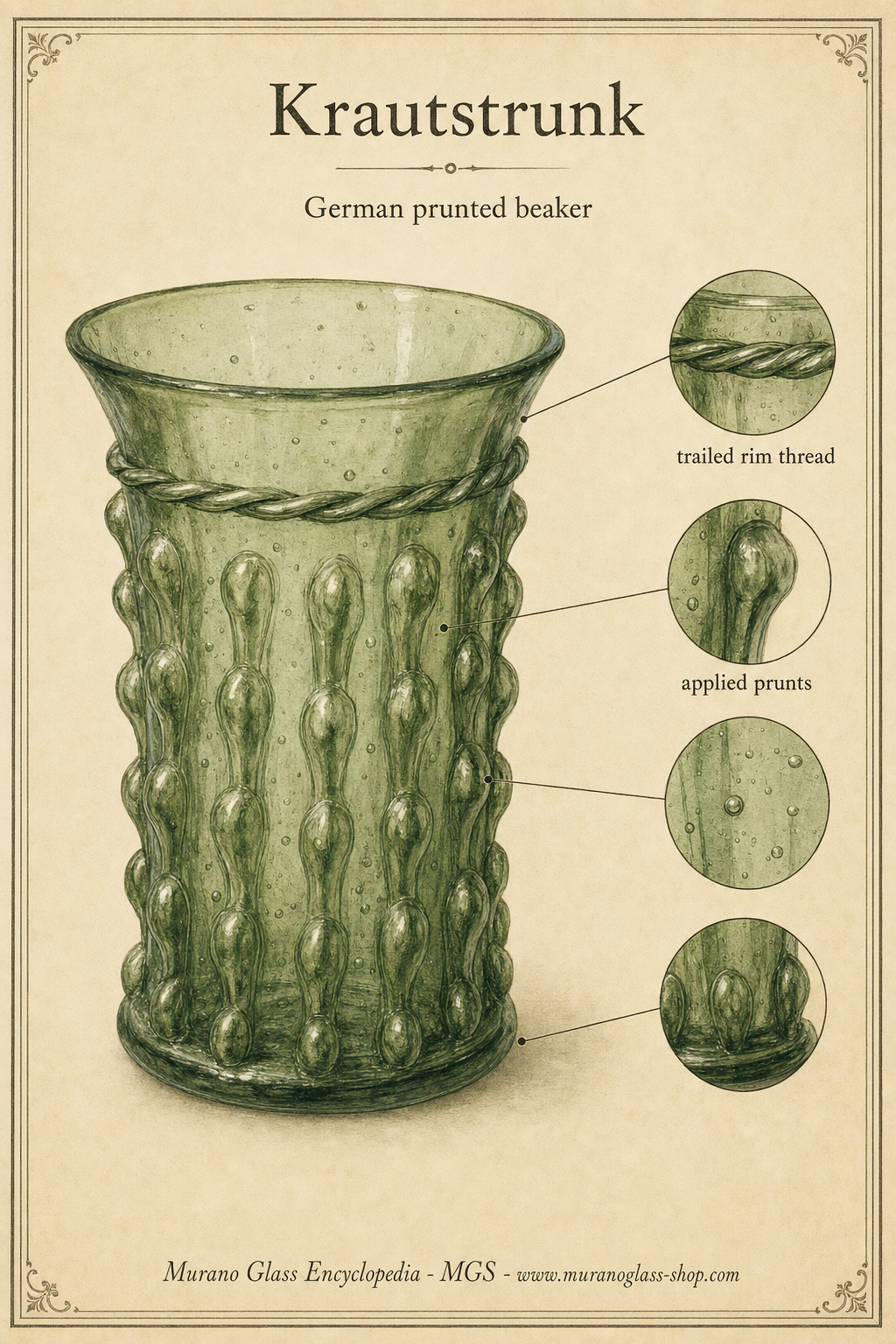 Late medieval Krautstrunk prunted glass beaker with flared rim and applied thread