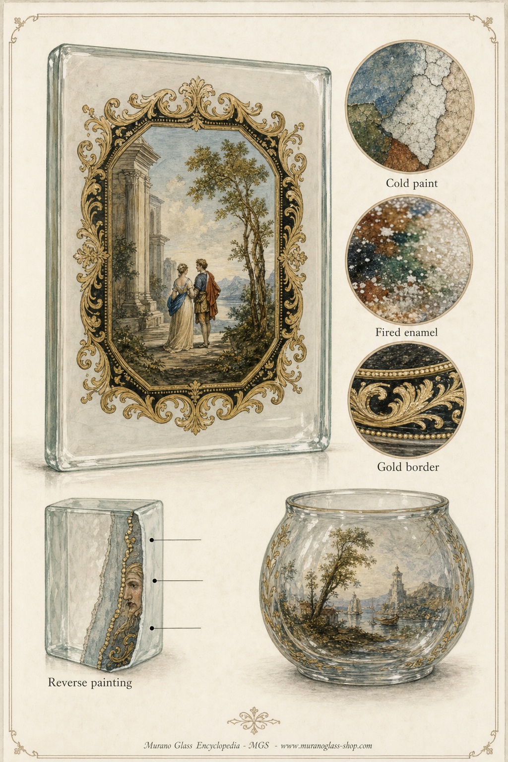 Tavola museale sulla pittura su vetro al rovescio con smalti cotti, colori a freddo e dettagli églomisé